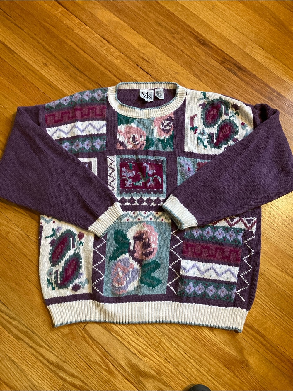 Vintage Floral Roses Paisley Patchwork Grandma Sweater Cottagecore Women’s 1X